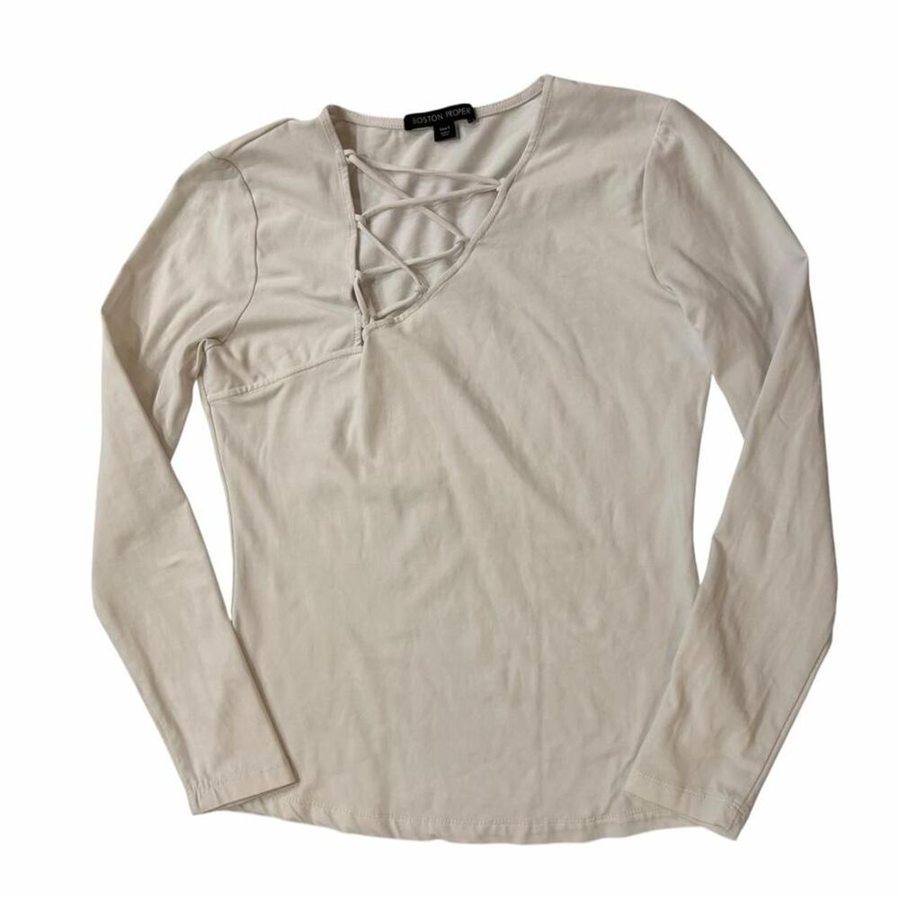 Boston Proper White lace up long sleeve top